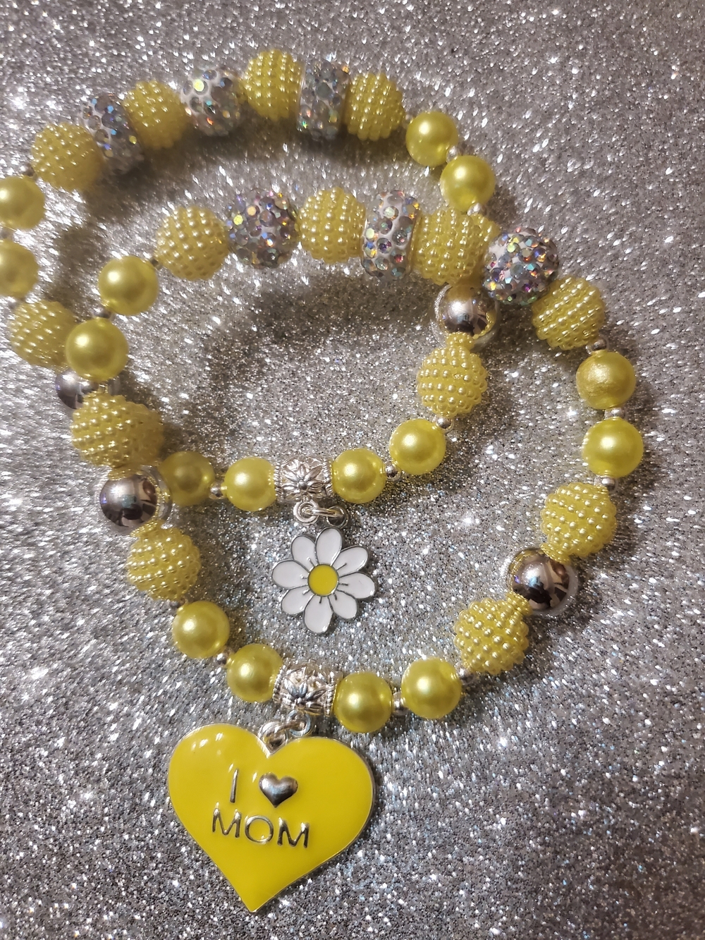 Yellow I ♥ MOM Heart & Daisy Charm Bracelet Set - Women Jewelry